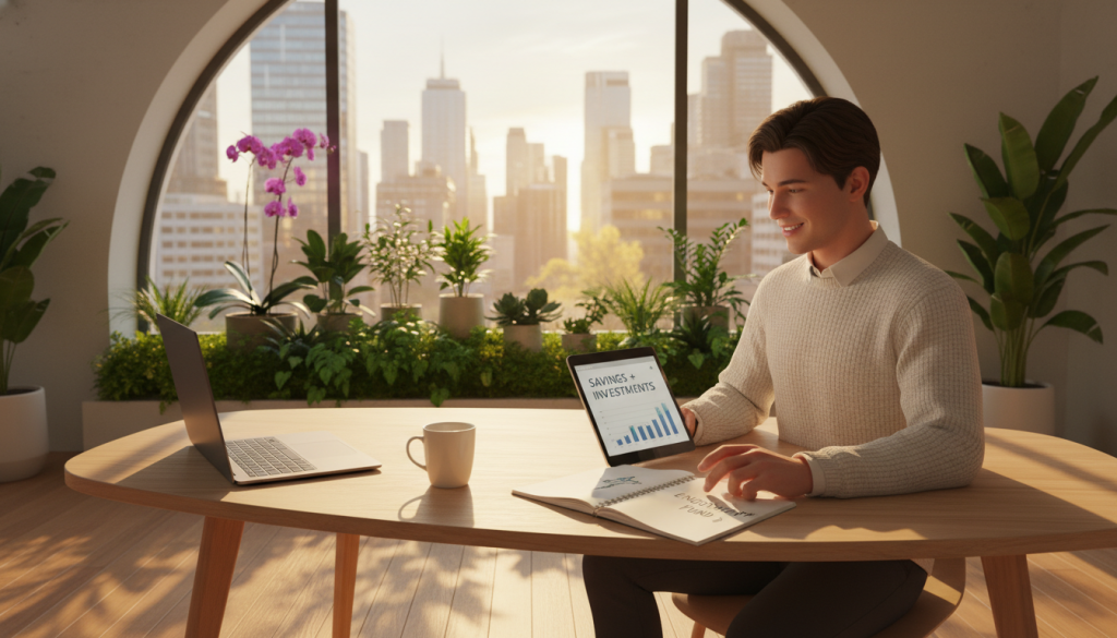 A balanced lifestyle scene depicting the theme of saving versus enjoyment. In the foreground, a stylish young professional wearing smart casual attire sits at a well-organized wooden desk filled with a laptop, notepad, and a coffee mug, contemplating their finances with a smile. In the middle ground, a small indoor garden with colorful plants enhances the atmosphere of tranquility and personal growth. In the background, a large window lets in warm, natural light, casting soft shadows and providing a view of a vibrant city skyline. The mood is uplifting and harmonious, representing a thoughtful balance between saving money and enjoying personal life. The scene is captured in a slightly elevated angle, providing depth to the composition, while maintaining a crisp focus on the individual and their surroundings. A balanced lifestyle scene depicting the theme of saving versus enjoyment. In the foreground, a stylish young professional wearing smart casual attire sits at a well-organized wooden desk filled with a laptop, notepad, and a coffee mug, contemplating their finances with a smile. In the middle ground, a small indoor garden with colorful plants enhances the atmosphere of tranquility and personal growth. In the background, a large window lets in warm, natural light, casting soft shadows and providing a view of a vibrant city skyline. The mood is uplifting and harmonious, representing a thoughtful balance between saving money and enjoying personal life. The scene is captured in a slightly elevated angle, providing depth to the composition, while maintaining a crisp focus on the individual and their surroundings.
