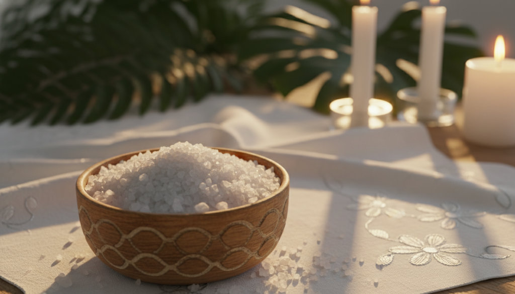 A beautiful scene capturing the essence of "sal marina" (sea salt) for a cleansing ritual. In the foreground, a small, intricately designed wooden bowl filled with coarse sea salt, glistening under soft, warm candlelight. The middle ground features a delicate white cloth, adorned with subtle, elegant patterns, giving an air of sophistication. In the background, blurred silhouettes of lush green plants and softly flickering candles create a tranquil and inviting atmosphere. Soft, golden light spills across the scene, enhancing the serene and sacred mood. The image is taken from a slight overhead angle, focusing on the bowl of sea salt, inviting viewers into a peaceful space of energetic cleansing and prosperity activation.