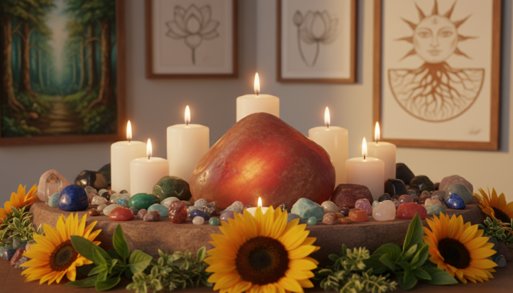 A beautifully arranged abundance altar made of natural stones, specifically a central large altar stone radiating warmth, surrounded by an array of smaller crystals and gemstones reflecting various colors. In the foreground, delicate herbs and vibrant flowers, such as sunflowers and basil, symbolize growth and prosperity. The middle section showcases soft candlelight, with flickering candles illuminating the altar, creating a serene, inviting atmosphere. In the background, a softly blurred wall adorned with nature-themed artwork, enhancing the feeling of connection to the earth. The lighting should be warm and ambient, resembling golden hour, creating a peaceful, spiritual mood. The image is taken with a slightly elevated angle to capture the altar's depth and essence.