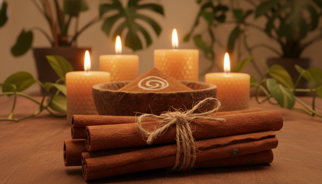 A beautifully arranged collection of cinnamon sticks tied with twine, placed prominently in the foreground, enhancing the rich, warm tones of the cinnamon. The middle ground features a small wooden bowl filled with cinnamon powder, surrounded by glowing candles casting soft, flickering light. In the background, a gentle blur hints at a serene room filled with lush greenery, suggesting abundance and prosperity. The overall lighting is warm and inviting, emphasizing coziness. The atmosphere conveys a sense of tranquility and focus, ideal for meditation or ritual. Capture this scene from a slightly elevated angle, highlighting the textures of the cinnamon, creating an intimate and inviting ambiance without any text or distractions.