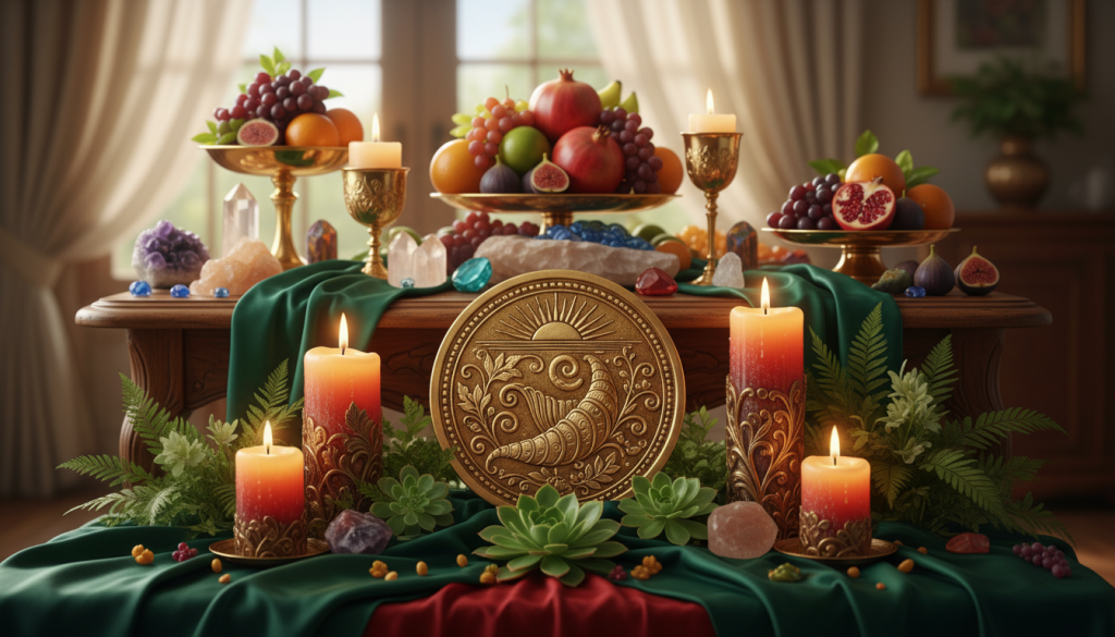 A beautifully arranged display of rich, symbolic elements representing abundance, with a focus on a central golden coin engraved with intricate designs. In the foreground, lush green plants and luxurious fabrics, such as deep emerald silks, harmonize with ornate candles in warm amber light, creating an inviting ambiance. The middle ground features a beautifully set wooden table adorned with a lavish feast of fresh fruits and gemstones, hinting at celebration and prosperity. The background is softly blurred, emphasizing a serene indoor space with gentle sunlight filtering through sheer curtains. The mood is uplifting and vibrant, radiating an atmosphere of wealth and positive energy, ideal for a ritual of abundance. The image captures the essence of wealth symbols, showcasing harmony and abundance without any text or distractions.