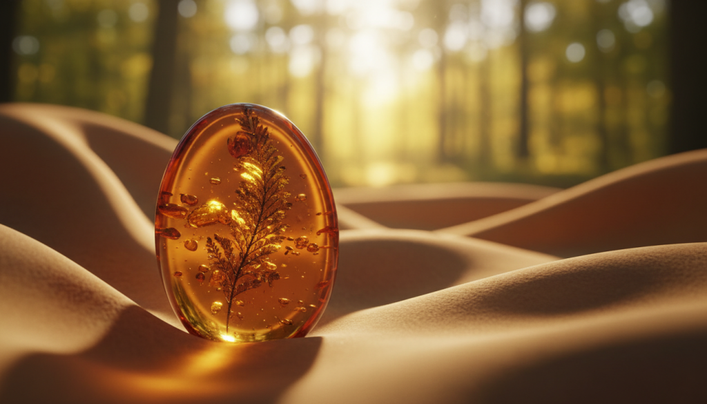 A beautifully crafted amber amulet resting delicately on a soft, reflective surface, illuminated by warm, golden light that enhances its rich, translucent orange hues. In the foreground, the amulet is the focal point with intricate patterns visible within the stone, exuding a sense of serenity and protection. Surrounding the amulet, soft fabric in earth tones gently curls, suggesting a nurturing ambiance. In the middle ground, a blurred background of tranquil nature—gentle greenery and golden sunlight filtering through leaves—creates a peaceful atmosphere. The composition is shot from a slightly elevated angle to showcase the amulet's details, with soft, diffused lighting that adds warmth and inviting energy, evoking a feeling of spiritual protection and calmness. A beautifully crafted amber amulet resting delicately on a soft, reflective surface, illuminated by warm, golden light that enhances its rich, translucent orange hues. In the foreground, the amulet is the focal point with intricate patterns visible within the stone, exuding a sense of serenity and protection. Surrounding the amulet, soft fabric in earth tones gently curls, suggesting a nurturing ambiance. In the middle ground, a blurred background of tranquil nature—gentle greenery and golden sunlight filtering through leaves—creates a peaceful atmosphere. The composition is shot from a slightly elevated angle to showcase the amulet's details, with soft, diffused lighting that adds warmth and inviting energy, evoking a feeling of spiritual protection and calmness.