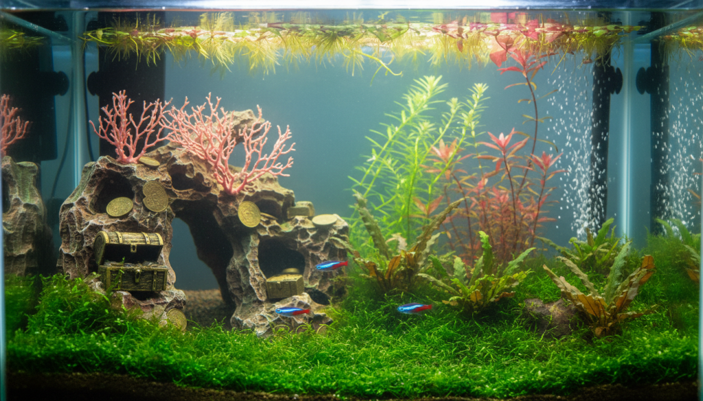 A beautifully designed aquarium showcasing a peaceful underwater environment filled with colorful fish and vibrant plants. In the foreground, a small school of neon tetras swims gracefully near lush green aquatic plants, their colors illuminated by soft, natural light filtering through the water. In the middle ground, a dragon stone provides a naturalistic habitat, adorned with delicate coral formations and miniature treasures. The background features a serene, blurred view of more aquatic plants and a gentle bubbling filter, contributing to a tranquil ambiance. The scene captures the essence of balance and harmony, with soothing blue and green tones dominating the atmosphere, evoking a sense of spiritual protection and well-being. The lighting is soft and diffused, creating an inviting and calming visual experience. A beautifully designed aquarium showcasing a peaceful underwater environment filled with colorful fish and vibrant plants. In the foreground, a small school of neon tetras swims gracefully near lush green aquatic plants, their colors illuminated by soft, natural light filtering through the water. In the middle ground, a dragon stone provides a naturalistic habitat, adorned with delicate coral formations and miniature treasures. The background features a serene, blurred view of more aquatic plants and a gentle bubbling filter, contributing to a tranquil ambiance. The scene captures the essence of balance and harmony, with soothing blue and green tones dominating the atmosphere, evoking a sense of spiritual protection and well-being. The lighting is soft and diffused, creating an inviting and calming visual experience.