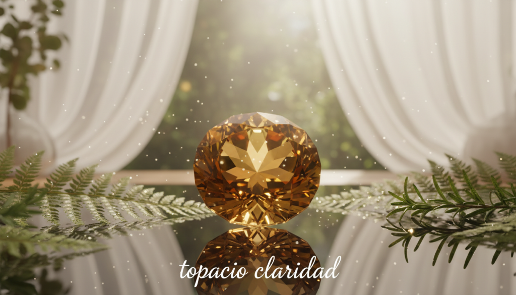 A beautifully faceted topaz crystal, known as "topacio claridad," rests elegantly on a smooth, reflective surface. The gemstone glows with vibrant shades of yellow and golden hues, reflecting light in a dazzling array of sparkles. In the foreground, delicate greenery subtly frames the crystal, adding a touch of nature and tranquility. The middle ground features soft, muted colors of blurred natural elements, hinting at a serene environment. In the background, a gentle light filters through translucent curtains, creating a warm and inviting atmosphere. The lighting is soft yet bright, emphasizing the crystal's clarity and brilliance. This composition conveys a sense of calm, balance, and spiritual wellness, perfect for illustrating the benefits of topaz. A beautifully faceted topaz crystal, known as "topacio claridad," rests elegantly on a smooth, reflective surface. The gemstone glows with vibrant shades of yellow and golden hues, reflecting light in a dazzling array of sparkles. In the foreground, delicate greenery subtly frames the crystal, adding a touch of nature and tranquility. The middle ground features soft, muted colors of blurred natural elements, hinting at a serene environment. In the background, a gentle light filters through translucent curtains, creating a warm and inviting atmosphere. The lighting is soft yet bright, emphasizing the crystal's clarity and brilliance. This composition conveys a sense of calm, balance, and spiritual wellness, perfect for illustrating the benefits of topaz.