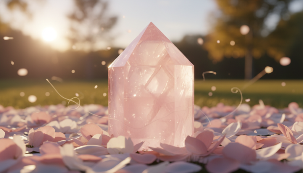 A beautifully polished rose quartz crystal, glowing softly with warm pink hues, positioned prominently in the foreground. The crystal's facets reflect light, creating a magical sparkle that illustrates the essence of unconditional love. In the middle ground, delicate flower petals in shades of soft pink and white surround the crystal, symbolizing care and compassion. The background features a serene, blurred landscape of a tranquil outdoor setting at dusk, bathed in golden hour light, enhancing the peaceful atmosphere. A soft bokeh effect adds depth, gently fading out the details behind the crystal. The overall mood is calming and inviting, encouraging feelings of warmth and emotional healing while highlighting the beauty and significance of rose quartz.