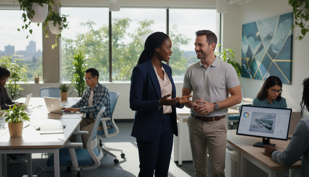 A bright and modern co-working office space showcases a diverse group of professionals, deeply engaged in various tasks that reflect their natural skills and career vocations. In the foreground, a confident woman in business attire discusses ideas with a colleague, while in the middle, a focused man analyzes data on a laptop. The background features a large window allowing warm sunlight to flood the room, illuminating greenery outside, creating an inviting atmosphere. Soft natural lighting enhances the vibrant colors of the workspace, and the scene is shot from a slightly elevated angle, providing a dynamic perspective of collaboration and ambition. The overall mood conveys a sense of empowerment, innovation, and economic potential, suitable for motivating professionals in their pursuit of success.