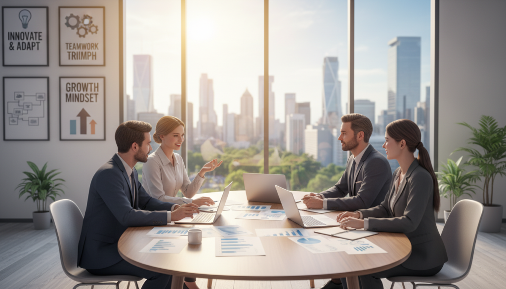 A bright, inspirational business environment showcasing key strengths for entrepreneurial growth. In the foreground, a diverse group of four professionals, dressed in smart business attire, engaged in a dynamic brainstorming session around a modern conference table filled with charts and graphs. The middle ground features a large window with natural sunlight pouring in, illuminating a green cityscape with skyscrapers, symbolizing prosperity and opportunity. The background is lined with motivational posters emphasizing themes of innovation and teamwork. The atmosphere conveys energy, collaboration, and optimism, captured from a slightly elevated angle to provide a sense of depth. Soft focus on the background adds to the heartfelt and ambitious mood, while the overall color palette is bright and uplifting.