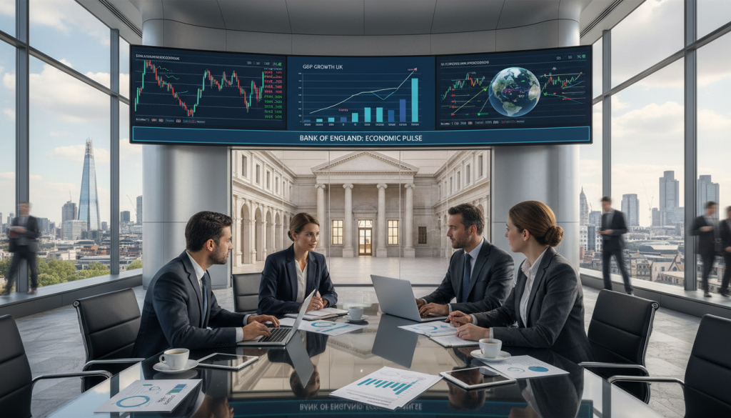 A bustling financial environment depicting the dynamics of the Bank of England's impact on the economy. In the foreground, a diverse group of professionals in business attire, engaged in discussion, with graphs and financial reports spread across a modern, glossy table. In the middle, large digital screens displaying real-time economic data and trends, illustrating the Bank's influence, while a sleek, architectural interior of the Bank of England is visible. The background showcases a panoramic view of London’s skyline, with soft natural light streaming through tall windows, creating a dynamic contrast between the indoor financial world and the vibrant city outside. The atmosphere is energetic yet sophisticated, embodying the pulse of economic growth and potential.