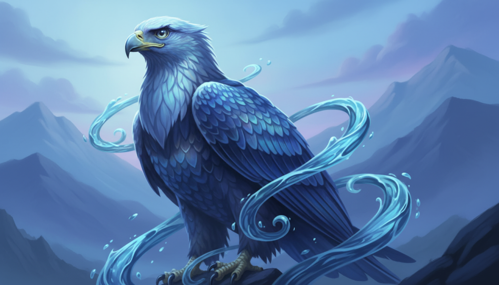 A captivating, enchanting depiction of a mystical totem animal representing the Aquarian spirit. In the foreground, feature a bold, majestic eagle with iridescent feathers that shimmer in various shades of blue and silver, symbolizing freedom and vision. In the middle ground, integrate stylized water motifs swirling elegantly around the eagle, reflecting the fluidity and depth of Aquarian characteristics. The background should consist of a soft, ethereal landscape with distant mountains against a twilight sky, illuminating the scene with a gentle, cool glow. Utilize soft, diffused lighting to create a serene and introspective atmosphere, emphasizing the spiritual connection between the sign and its totem. Capture the image with a slight tilt angle to evoke a sense of wonder and movement. A captivating, enchanting depiction of a mystical totem animal representing the Aquarian spirit. In the foreground, feature a bold, majestic eagle with iridescent feathers that shimmer in various shades of blue and silver, symbolizing freedom and vision. In the middle ground, integrate stylized water motifs swirling elegantly around the eagle, reflecting the fluidity and depth of Aquarian characteristics. The background should consist of a soft, ethereal landscape with distant mountains against a twilight sky, illuminating the scene with a gentle, cool glow. Utilize soft, diffused lighting to create a serene and introspective atmosphere, emphasizing the spiritual connection between the sign and its totem. Capture the image with a slight tilt angle to evoke a sense of wonder and movement.