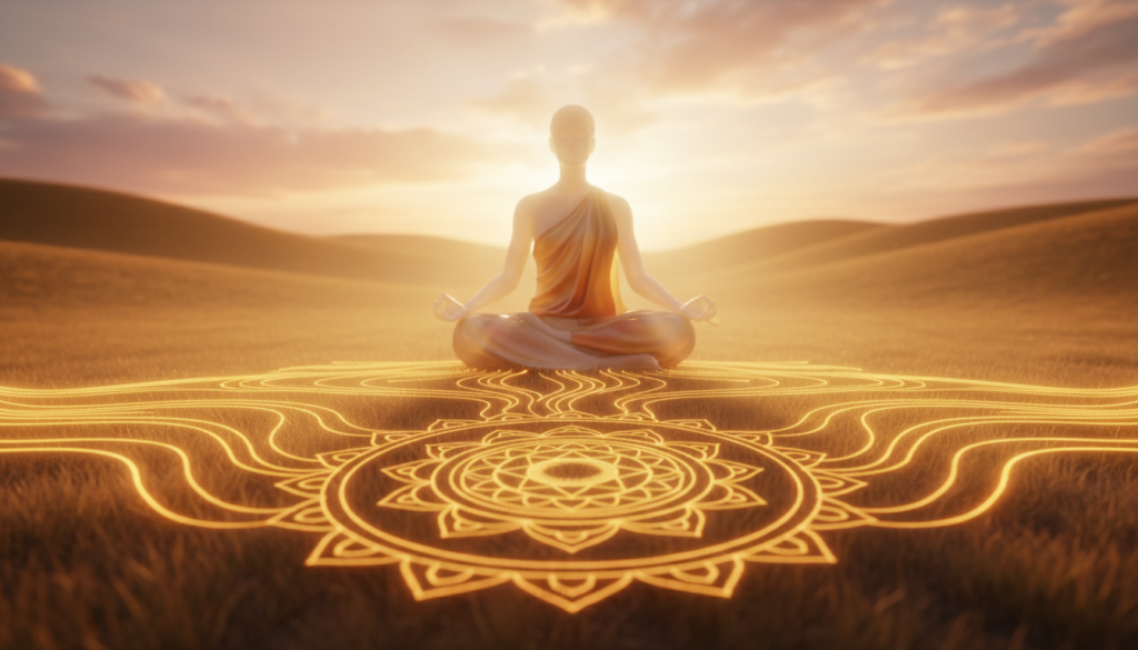 A captivating visualization of the plexo solar (solar plexus) chakra, radiating vibrant yellow and golden hues in a serene, balanced setting. In the foreground, a glowing, intricate mandala representing the solar plexus chakra, surrounded by gentle waves of warm light symbolizing energy flow. The middle ground features soft, flowing lines of energy connecting the mandala to an ethereal figure sitting cross-legged in a meditative pose, dressed in modest, flowing clothing that reflects tranquility. The background showcases a calming landscape with soft hills and a dawn sky, bathed in warm golden light. The atmosphere feels harmonious and empowering, inviting a sense of balance and self-awareness. Use soft focus, warm lighting, and a wide-angle lens to create an uplifting and reflective mood. A captivating visualization of the plexo solar (solar plexus) chakra, radiating vibrant yellow and golden hues in a serene, balanced setting. In the foreground, a glowing, intricate mandala representing the solar plexus chakra, surrounded by gentle waves of warm light symbolizing energy flow. The middle ground features soft, flowing lines of energy connecting the mandala to an ethereal figure sitting cross-legged in a meditative pose, dressed in modest, flowing clothing that reflects tranquility. The background showcases a calming landscape with soft hills and a dawn sky, bathed in warm golden light. The atmosphere feels harmonious and empowering, inviting a sense of balance and self-awareness. Use soft focus, warm lighting, and a wide-angle lens to create an uplifting and reflective mood.
