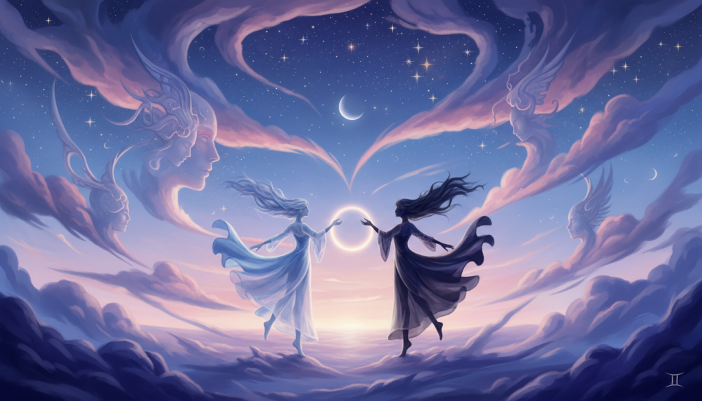 A celestial interpretation of the "signo aire," representing Gemini's duality. In the foreground, two ethereal figures embodying the essence of Gemini, one dressed in light flowing garments, the other in darker, contrasting attire, both poised in a harmonious yet playful stance. The middle ground features abstract swirling clouds and airy wisps that blend soft pastels with vibrant blues and purples, conveying movement and dynamism. In the background, a serene twilight sky with light stars twinkling, creating a mystical atmosphere. The lighting should be soft and diffused, enhancing the dreamlike quality, captured with a wide-angle lens to emphasize the duality and depth of the scene. The overall mood is one of mystical exploration and emotional healing, beautifully symbolizing the complex nature of Gemini.