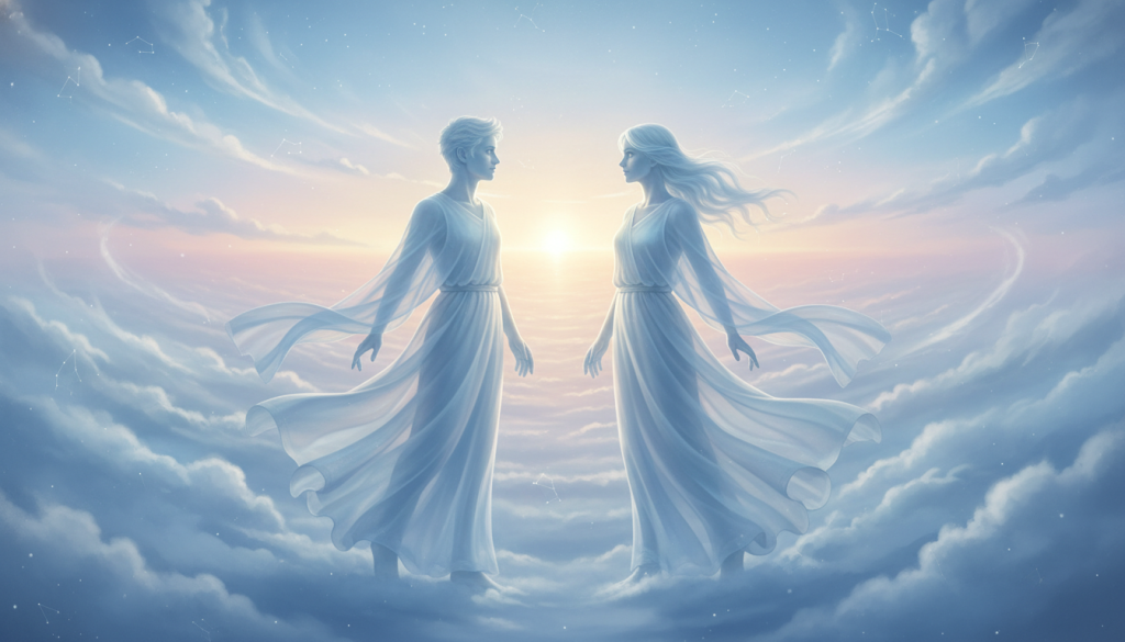 A celestial representation of the "signo aire," symbolizing Gemini, with a soft blue and airy color palette. In the foreground, depict two ethereal figures, one male and one female, representing the duality of Gemini, dressed in flowing, semi-transparent clothing that billows as if blown by a gentle breeze. Their expressions are thoughtful and introspective, conveying a sense of emotional need and connection. In the middle ground, incorporate airy clouds and light wisps of wind that swirl around them, enhancing the sense of movement and freedom. The background should feature a tranquil sky at dawn, softly illuminated by warm sunlight, creating a serene atmosphere. Use a wide-angle lens to capture the expansive feeling of the scene, with soft diffused lighting to evoke a dreamlike quality.