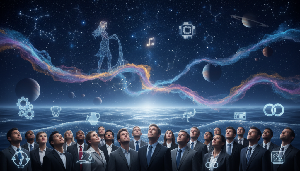 A celestial scene depicting the essence of the "Age of Aquarius," with a luminous, starry sky filled with constellations intertwined with flowing cosmic energy. In the foreground, a diverse group of individuals in professional business attire stand united, gazing upwards with expressions of wonder and enlightenment. They are surrounded by glowing symbols of water, innovation, and harmony, representing the qualities of Aquarius. In the middle ground, ethereal waves of sparkling water ripple gently, reflecting beams of starlight. The background showcases distant planets and soft nebulae, creating a sense of cosmic vastness. The lighting should be soft and dreamlike, emphasizing the mystical atmosphere. Capture the moment from a slightly elevated angle to convey a sense of connection and hope for the future, evoking inspiration and unity.