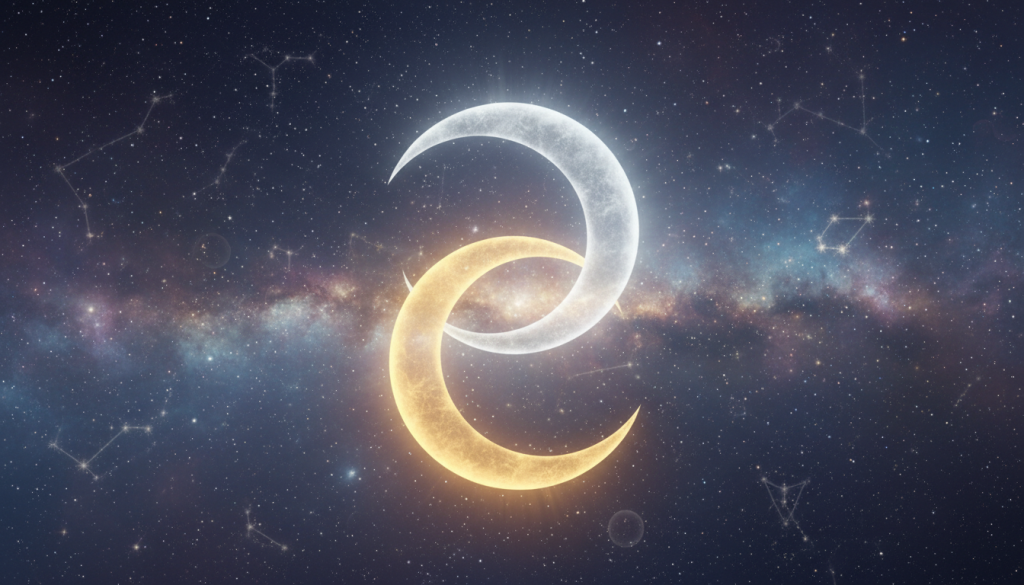 A celestial scene depicting the lunar nodes, with a focus on the North Node and South Node intertwined in a cosmic dance. In the foreground, the North Node appears as a radiant, golden crescent, symbolizing growth and aspiration, while the South Node, a silver crescent, represents past life experiences and lessons learned. The middle ground features a starry sky illuminated by soft, ethereal light, enhancing the mystical atmosphere. In the background, a faint outline of celestial constellations adds depth, suggesting a connection to the universe. The lighting is soft and ambient, creating a serene, contemplative mood. The angle is slightly elevated, providing a sweeping view of the lunar nodes in their cosmic context. A celestial scene depicting the lunar nodes, with a focus on the North Node and South Node intertwined in a cosmic dance. In the foreground, the North Node appears as a radiant, golden crescent, symbolizing growth and aspiration, while the South Node, a silver crescent, represents past life experiences and lessons learned. The middle ground features a starry sky illuminated by soft, ethereal light, enhancing the mystical atmosphere. In the background, a faint outline of celestial constellations adds depth, suggesting a connection to the universe. The lighting is soft and ambient, creating a serene, contemplative mood. The angle is slightly elevated, providing a sweeping view of the lunar nodes in their cosmic context.