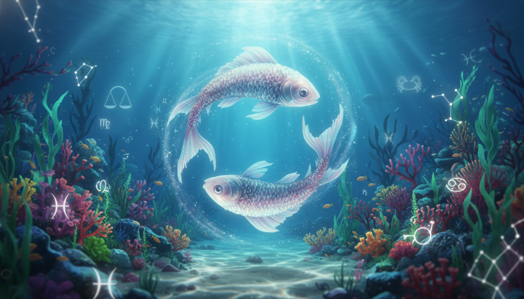 A celestial scene depicting the zodiac sign Pisces, represented by two gracefully intertwined fish swimming through a tranquil underwater world. In the foreground, the fish are adorned with shimmering scales that reflect soft, ethereal light. The middle layer features gently swaying seaweed and colorful coral, creating a vibrant ecosystem. In the background, a soft gradient of blues and greens represents the depths of the ocean, with dappled sunlight filtering through the water’s surface, casting enchanting patterns. The atmosphere is calm and serene, inviting contemplation. The overall mood reflects collaboration and unity among various elements, symbolizing the challenges and strengths in teamwork among zodiac signs. Capture this moment using a wide-angle lens to enhance depth and maintain a soft focus on the main subjects.