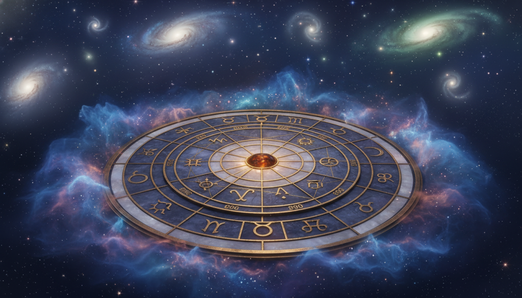 A celestial scene illustrating the interpretation of planets in astrology, featuring a beautifully designed astrological chart as the foreground. The chart, adorned with intricate symbols and planetary representations, showcases the twelve zodiac signs with an emphasis on Taurus. In the middle ground, a shimmering nebula filled with deep blues and purples swirls gracefully around glittering stars, creating a mystical atmosphere. The background reveals distant galaxies and cosmic wonders, softly illuminated by ethereal light, adding depth to the composition. The scene is captured from a slightly elevated angle, allowing for a panoramic view of the cosmic elements. The overall mood is enchanting and introspective, inviting viewers to contemplate the connection between astrology and self-knowledge without any text or distractions.