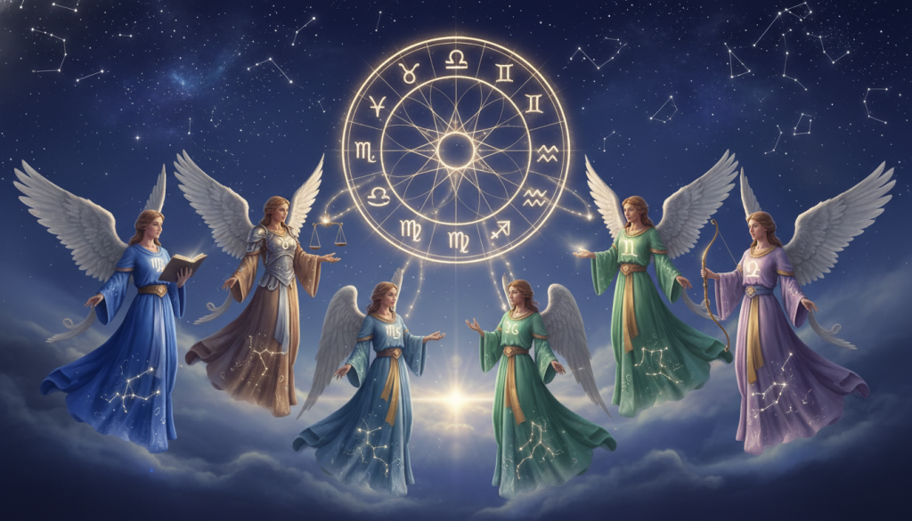 A celestial scene illustrating various guardian angels aligning with birth dates in a mystical and ethereal environment. In the foreground, delicately rendered angels each embodying unique attributes like wisdom, protection, and guidance, are depicted in graceful poses, adorned in flowing robes with subtle shimmering details representing the zodiac signs. The middle ground features a softly glowing astrological wheel, symbolizing the connection between each angel and their respective zodiac signs. In the background, a starry night sky filled with twinkling constellations creates a serene and contemplative atmosphere, emphasizing a sense of spirituality and connection. The lighting is gentle and divine, highlighting the angels’ features while casting a warm glow across the scene. The overall mood is uplifting and peaceful, inviting viewers to reflect on their personal connections to these angels.