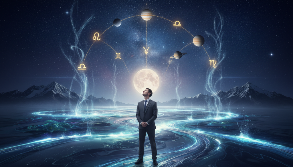 A celestial theme illustrating the impact of astrological cycles on decision-making. In the foreground, a person in professional attire stands thoughtfully, gazing upwards at a vibrant night sky filled with swirling constellations and planets, symbolizing the influence of the cosmos. The middle ground features a mystical landscape with ethereal lights and shimmering energy patterns, representing the flow of decisions affected by these astral forces. The background reveals distant mountains under a starry sky, creating depth and a sense of wonder. Soft, diffused moonlight bathes the scene in a tranquil, reflective atmosphere, hinting at introspection and ambition. The image is captured with an atmospheric lens effect, emphasizing the connection between the individual and the universe's cycles.