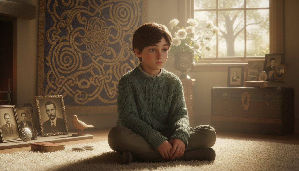 A child sitting in a cozy, softly lit room, surrounded by symbolic family artifacts like old photographs and heirlooms, reflecting the weight of family mandates. In the foreground, the child appears contemplative, with a gentle expression that conveys deep emotions. In the middle ground, a tapestry of intricate patterns symbolizes the complexities of familial expectations, blending in warm colors like gold and deep blue. In the background, a window reveals a tranquil outdoor scene, with soft sunlight filtering through, creating a serene and hopeful atmosphere. The lighting is warm and inviting, with a shallow depth of field to focus on the child's introspective look. The overall mood is one of reflection, healing, and the journey towards emotional freedom. A child sitting in a cozy, softly lit room, surrounded by symbolic family artifacts like old photographs and heirlooms, reflecting the weight of family mandates. In the foreground, the child appears contemplative, with a gentle expression that conveys deep emotions. In the middle ground, a tapestry of intricate patterns symbolizes the complexities of familial expectations, blending in warm colors like gold and deep blue. In the background, a window reveals a tranquil outdoor scene, with soft sunlight filtering through, creating a serene and hopeful atmosphere. The lighting is warm and inviting, with a shallow depth of field to focus on the child's introspective look. The overall mood is one of reflection, healing, and the journey towards emotional freedom.