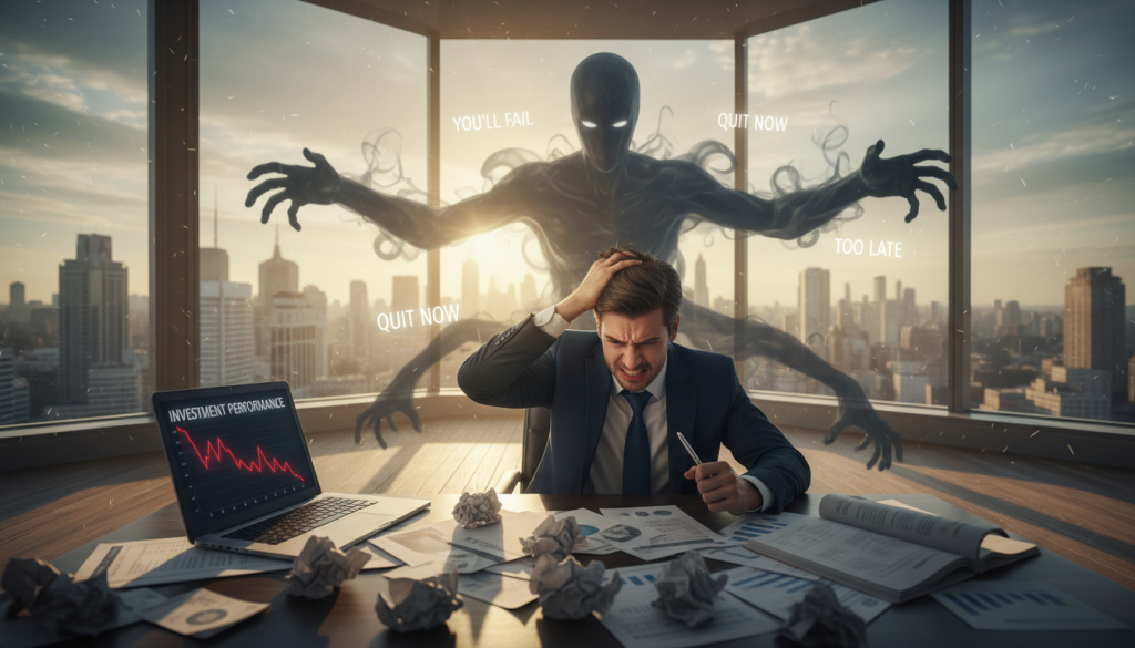 A cinematic view of a professional setting illustrating the concept of financial self-sabotage. In the foreground, a person in business attire sits at a desk cluttered with bills, financial statements, and a laptop displaying a downward-trending graph. Their expression is one of frustration, reflecting internal conflict. The middle layer shows a shadowy figure in the background representing negative thoughts, looming over the scene, symbolizing doubt and fear. The backdrop features a large window with a bright sunrise, illuminating the room, creating an atmosphere of hope and potential. The lighting is soft yet striking, casting gentle shadows that enhance the mood of struggle and determination. The scene is captured from a slightly low angle to convey a sense of empowerment despite the challenges depicted.