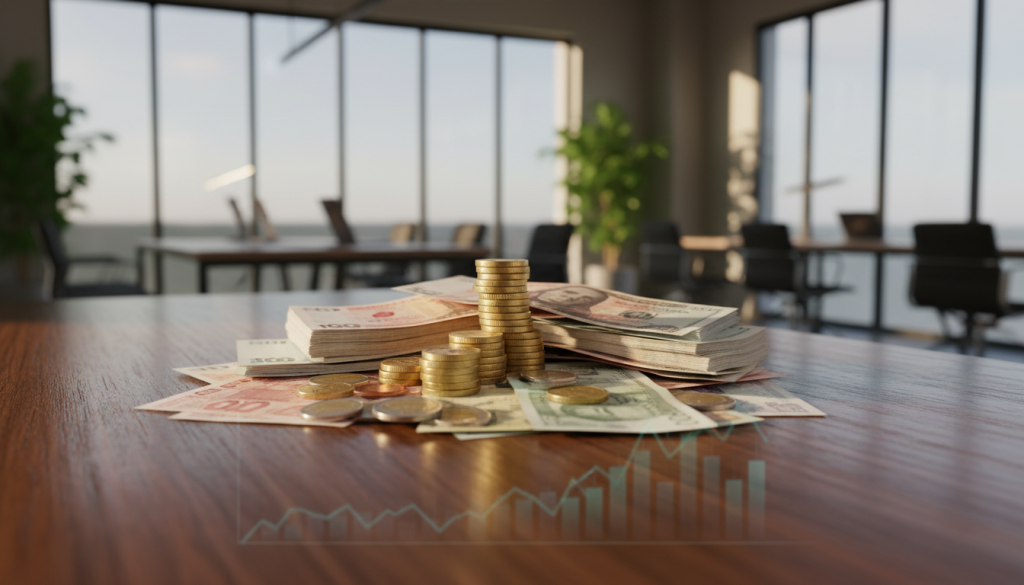 A close-up composition of a pile of various currencies, including bills from different countries and coins, arranged neatly on a polished wooden table. In the background, a blurred image of a modern office setting with soft lighting creates a professional atmosphere. A faint reflection of a financial graph can be seen on the table surface, hinting at economic discussions. The lighting should be warm and inviting, casting gentle shadows that add depth to the scene. The overall mood conveys a sense of financial considerations and priorities, highlighting the importance of money management in relationships. Make sure there are no people in the image, focusing solely on the financial elements.