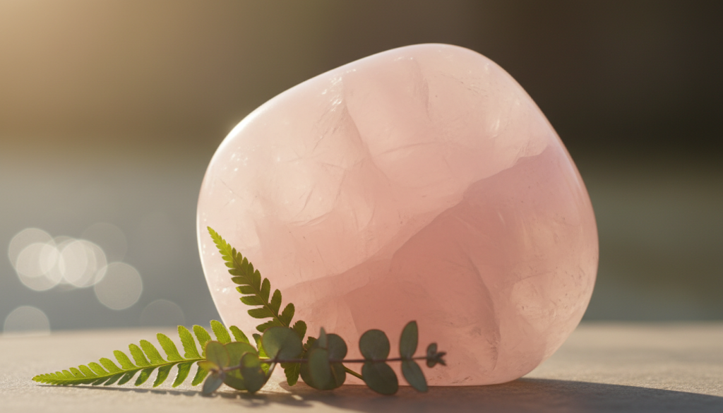 A close-up of a beautiful, polished rose quartz crystal, glistening softly in natural light, showcasing its translucent pink hues and intricate internal patterns. The foreground features the crystal with gentle reflections and a smooth surface, while the middle ground includes a delicate arrangement of green foliage, symbolizing growth and harmony. The background is softly blurred, revealing a serene, tranquil environment with hints of light sparkles, evoking a sense of calm and peace. The lighting is warm and inviting, casting a gentle glow that enhances the crystal's natural beauty. The overall mood is one of serenity and balance, reflecting the healing and protective qualities of rose quartz in a spiritual wellness context.