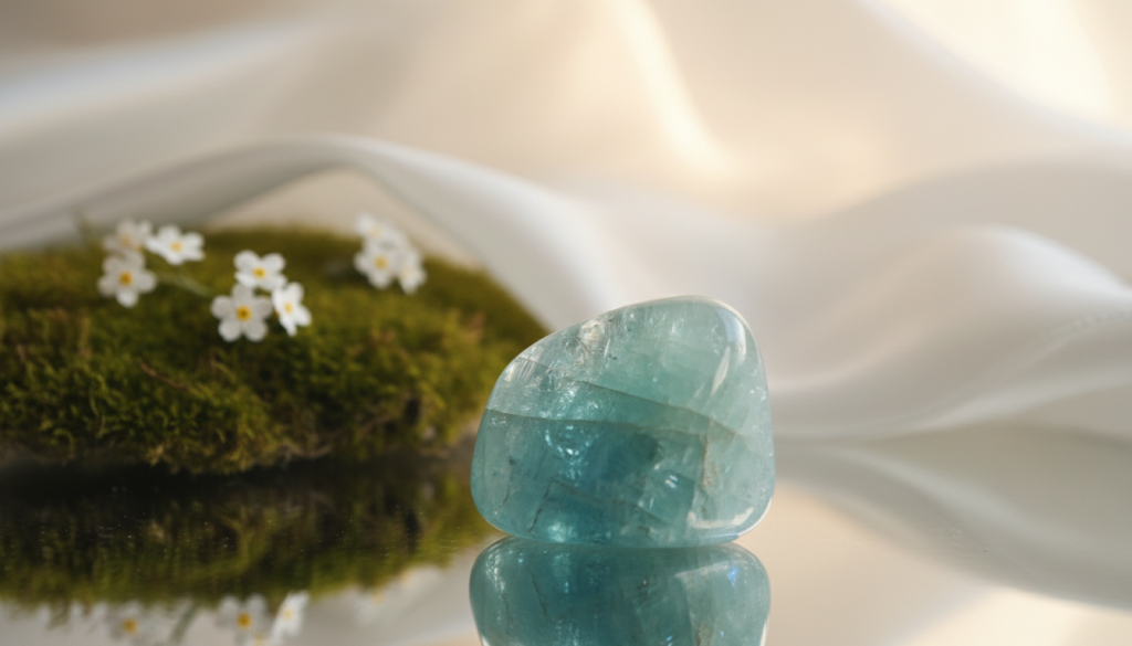 A close-up of a beautifully polished aquamarine crystal, radiating soft, calming blue-green hues that evoke a sense of serenity and emotional clarity. In the foreground, the crystal is placed on a reflective surface that catches the light, highlighting its intricate facets. The middle ground features soft, blurred greenery and delicate white flowers to enhance the feeling of peace. In the background, a gentle light filters through a translucent veil, creating a dreamlike atmosphere that embodies tranquility. The scene is lit with warm, diffused lighting to emphasize the soothing qualities of the aquamarine, inviting a sense of spiritual protection and emotional clarity, while maintaining a harmonious and balanced composition. A close-up of a beautifully polished aquamarine crystal, radiating soft, calming blue-green hues that evoke a sense of serenity and emotional clarity. In the foreground, the crystal is placed on a reflective surface that catches the light, highlighting its intricate facets. The middle ground features soft, blurred greenery and delicate white flowers to enhance the feeling of peace. In the background, a gentle light filters through a translucent veil, creating a dreamlike atmosphere that embodies tranquility. The scene is lit with warm, diffused lighting to emphasize the soothing qualities of the aquamarine, inviting a sense of spiritual protection and emotional clarity, while maintaining a harmonious and balanced composition.