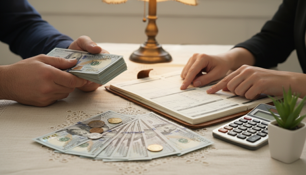 A close-up view of a beautifully arranged table showcasing various denominations of money—bills and coins—spread across an elegant tablecloth. In the foreground, there are two hands, one holding a stack of cash while the other gently points towards a budget planner, symbolizing financial planning in a relationship. The middle area features a stylish calculator and a potted plant, representing growth and sustainability in finances. The background is softly blurred but includes a warm, glowing lamp, casting inviting light that creates a cozy atmosphere. The overall mood is focused, reflective, and optimistic, highlighting the importance of money management in a couple's financial dynamics. Use natural lighting to enhance details, with a shallow depth of field for a professional look.
