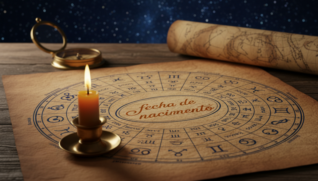 A close-up view of a beautifully designed astrological birth chart featuring intricate zodiac symbols, along with an emphasized section highlighting the "fecha de nacimiento" in elegant calligraphy. In the foreground, a candle softly illuminates the chart, casting gentle shadows that create a mystical atmosphere. The middle ground presents a wooden table with an antique compass and celestial map, suggesting an exploration of one's astrological journey. The background features a blurred night sky filled with twinkling stars, representing the cosmic energies at play when one is born. The lighting is warm and inviting, creating a sense of introspection and wonder about the significance of birth dates. The overall mood is contemplative and enlightening, with rich earthy tones.