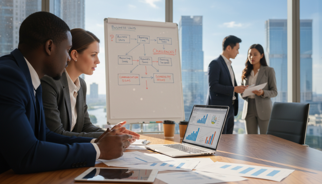 A close-up view of a business meeting in a modern office environment, focusing on a diverse group of professionals discussing the complexities of business structure. In the foreground, a male and female entrepreneur consult over a table filled with documents, charts, and a laptop. The middle ground reveals a whiteboard filled with diagrams representing organizational challenges, while a window in the background displays a bustling cityscape under clear blue skies. Soft, natural lighting streams in from the window, creating a positive and focused atmosphere. The composition is shot from a slightly elevated angle, emphasizing the collaborative spirit of problem-solving, making it suitable to illustrate challenges in managing a business structure.