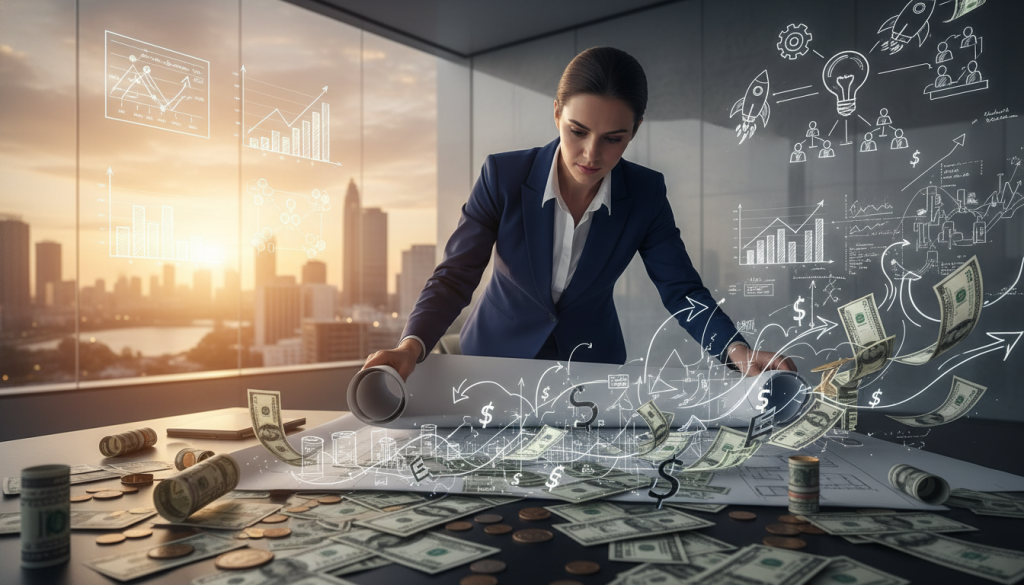 A close-up view of a desk cluttered with sketches and notes representing abstract ideas transforming into tangible money. In the foreground, a professional woman in business attire intently examines a detailed blueprint that transitions into flowing dollar bills. The middle ground showcases a modern workspace with diagrams and financial projections on the wall, hinting at innovation and creativity. In the background, soft-focus elements of a city skyline at sunset reflect prosperity and opportunity, casting a warm glow throughout the scene. The lighting is warm and inviting, highlighting the determination and strategic thinking behind financial success. The overall mood is inspirational and forward-thinking, encapsulating the essence of transforming ideas into real income. A close-up view of a desk cluttered with sketches and notes representing abstract ideas transforming into tangible money. In the foreground, a professional woman in business attire intently examines a detailed blueprint that transitions into flowing dollar bills. The middle ground showcases a modern workspace with diagrams and financial projections on the wall, hinting at innovation and creativity. In the background, soft-focus elements of a city skyline at sunset reflect prosperity and opportunity, casting a warm glow throughout the scene. The lighting is warm and inviting, highlighting the determination and strategic thinking behind financial success. The overall mood is inspirational and forward-thinking, encapsulating the essence of transforming ideas into real income.