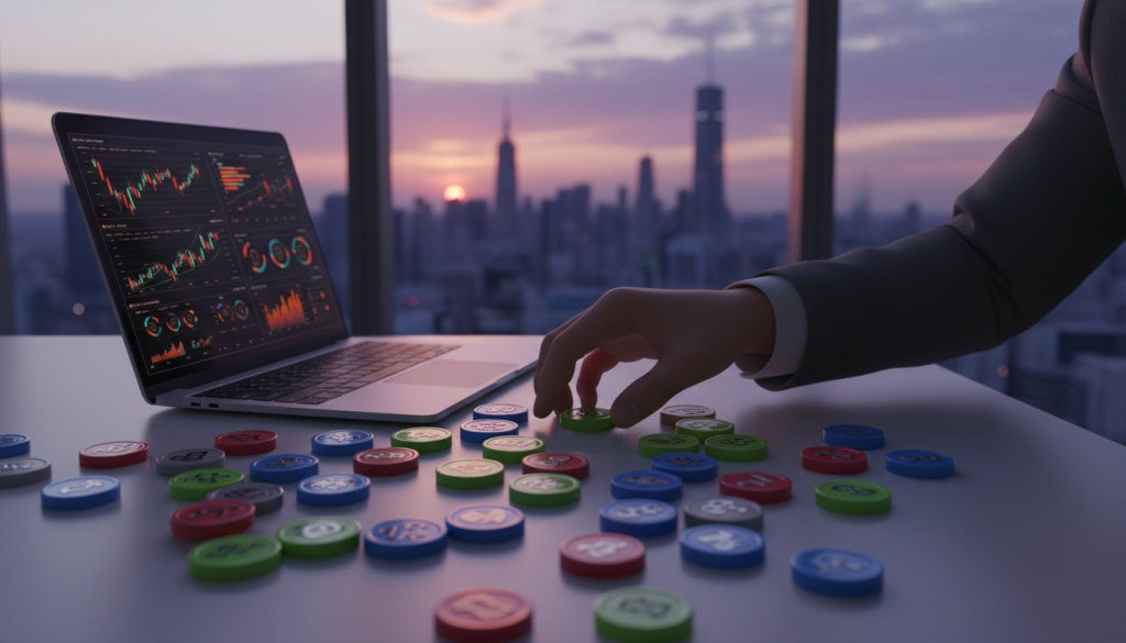A close-up view of a modern office desk filled with colorful tokens representing different investment assets, such as stocks, bonds, and cryptocurrencies, each featuring distinct designs and symbols. In the foreground, a person's hand is reaching out, thoughtfully sorting the tokens, dressed in professional business attire. The middle ground showcases a sleek laptop displaying financial graphs and charts, illuminated by soft, warm lighting. In the background, a large window reveals a city skyline at dusk, with hints of a vibrant sunset casting long shadows and creating a calm yet focused atmosphere. The overall mood is one of strategy and determination, reflecting a balanced approach to financial management and performance optimization.