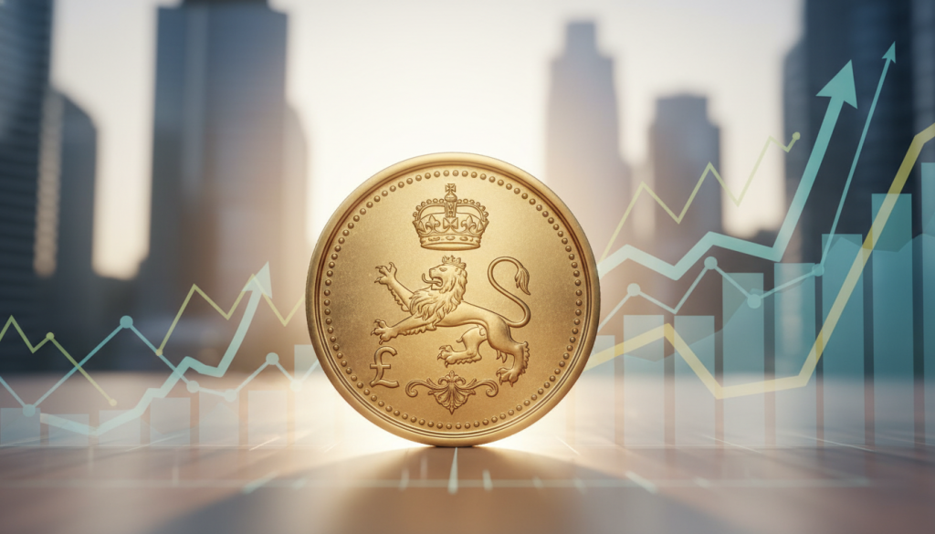 A close-up view of a stylized British pound sterling coin, gleaming under soft, diffused daylight, placed prominently in the foreground. Surrounding the coin, a variety of financial graphs and charts subtly indicate rising trends and predictions, rendered in soft pastel colors for an optimistic atmosphere. In the background, faint silhouettes of skyscrapers suggest a bustling financial district, symbolizing economic growth. The lighting should create a warm, inviting glow, evoking a sense of hope and opportunity. The image should convey a professional tone, suitable for an articulate discussion on currency predictions, without any text or watermarks, resulting in a polished and focused visual narrative.