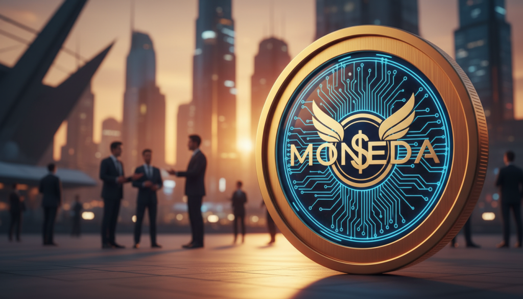 A close-up view of a stylized digital token representing the concept of "moneda" in a vibrant, modern setting. The foreground features the token prominently, showcasing intricate details like embedded circuits and a glowing emblem symbolizing prosperity. In the middle ground, out-of-focus elements hint at a bustling urban landscape, with blurred outlines of people in professional attire engaged in discussions, representing a thriving economy. The background reveals a skyline at sunset, casting warm golden hues that suggest optimism and growth, contrasting with shadows that imply challenges. The lighting is warm and inviting, focusing on the token while allowing the city ambiance to create depth. The overall mood conveys a sense of innovation and the complexities of the cryptocurrency market.