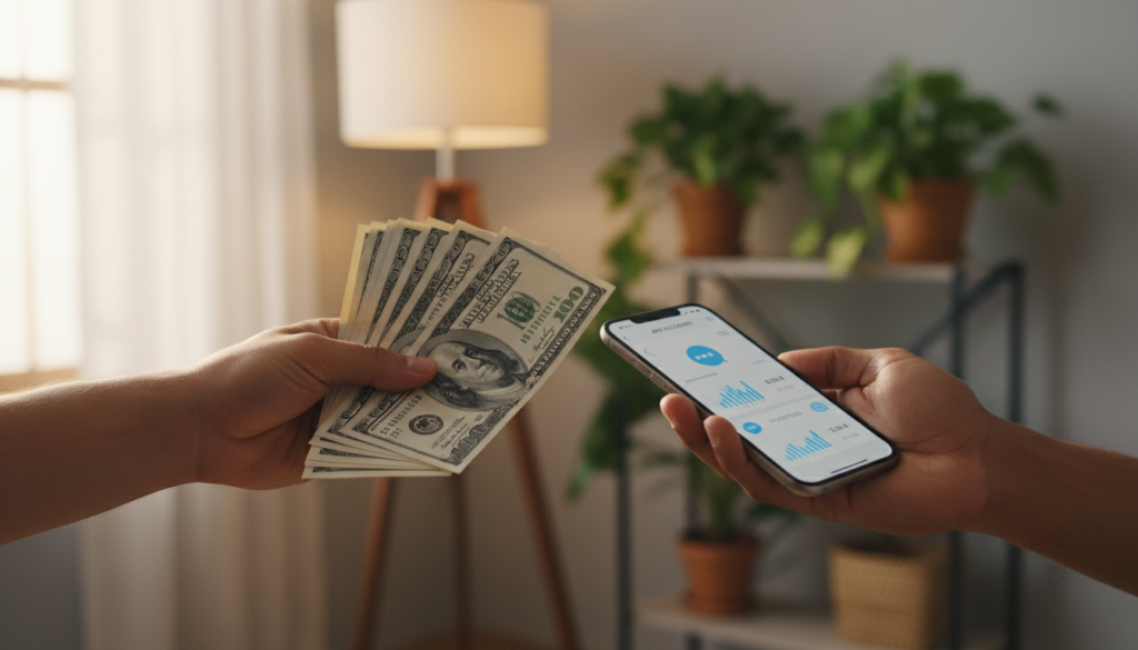 A close-up view of two hands, one holding a stack of cash and the other holding a smartphone displaying a financial app, symbolizing communication about finances in a relationship. In the background, a softly blurred image of a cozy living room with plants and warm light creates an inviting atmosphere. The foreground focuses on the hands, showcasing diverse skin tones to represent inclusivity. Natural light streaming in from a window highlights the textures of the money and the smartphone, adding warmth. The overall mood is collaborative and intimate, emphasizing the importance of open financial discussions between partners, reflecting the theme of financial compatibility. A close-up view of two hands, one holding a stack of cash and the other holding a smartphone displaying a financial app, symbolizing communication about finances in a relationship. In the background, a softly blurred image of a cozy living room with plants and warm light creates an inviting atmosphere. The foreground focuses on the hands, showcasing diverse skin tones to represent inclusivity. Natural light streaming in from a window highlights the textures of the money and the smartphone, adding warmth. The overall mood is collaborative and intimate, emphasizing the importance of open financial discussions between partners, reflecting the theme of financial compatibility.