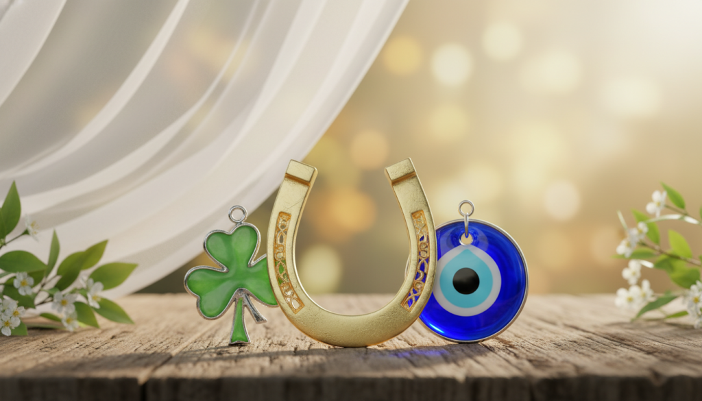 A collection of vibrant and intricate luck amulets, including a golden horseshoe, a four-leaf clover, and a turquoise evil eye, arranged artistically on a rustic wooden table. In the background, soft, warm sunlight filters through an ethereal veil, creating a serene and uplifting atmosphere. The foreground features delicate details of the amulets glimmering, with subtle textures that highlight their uniqueness. A hint of greenery peeks in from the sides, adding an organic feel to the composition. The image should evoke a sense of hope, positivity, and prosperity, with a soft focus on the amulets in the foreground that draws the viewer's eye. Capture this scene using an 85mm lens with a shallow depth of field, ensuring a gentle bokeh effect in the background to enhance the tranquility.