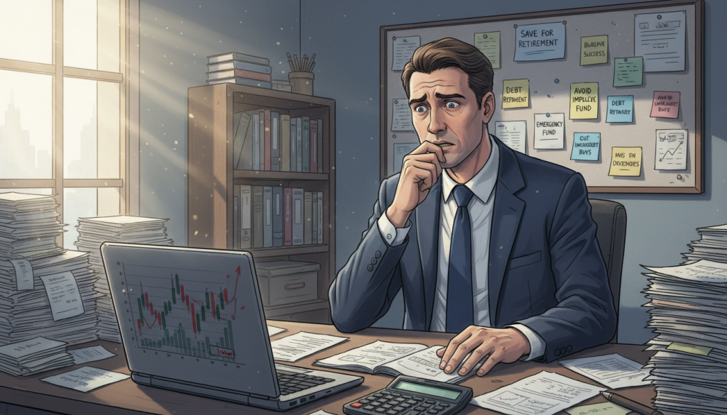 A conceptual illustration of financial challenges, featuring a business professional in smart attire, sitting at a cluttered desk strewn with bills and financial documents, looking concerned. In the foreground, close-up of a calculator and a laptop screen displaying fluctuating graphs. The middle depicts the professional with furrowed brows, glancing at a wall where sticky notes highlight financial goals and cautionary reminders. The background shows a dimly lit office environment filled with books about finance and budgeting, casting a reflective and serious mood. Soft, natural light filters through a window, creating an atmosphere of contemplation and urgency, emphasizing the theme of financial responsibility and caution.