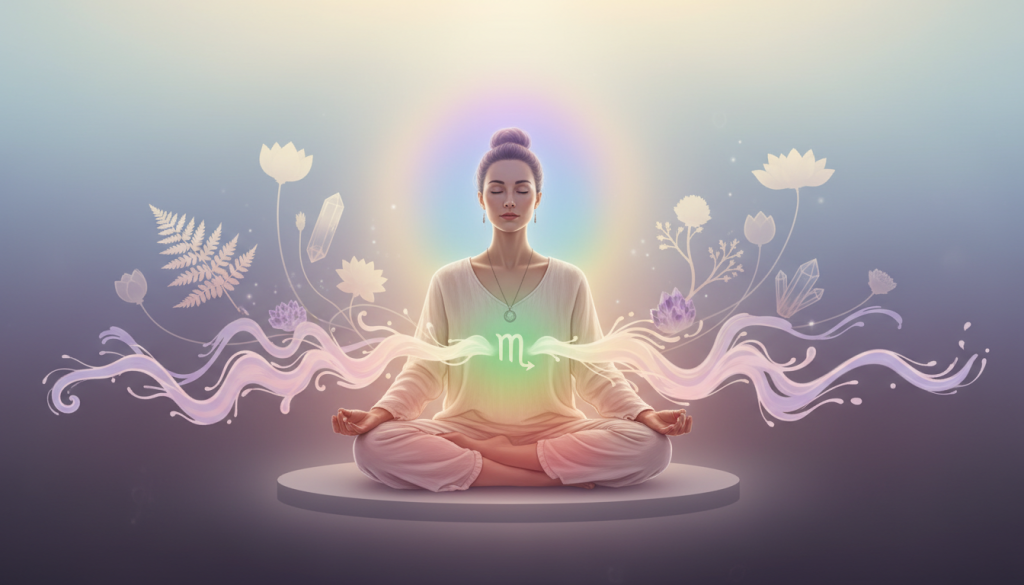 A conceptual representation of energy imbalance, featuring a serene figure sitting cross-legged in a meditative pose, wearing modest casual clothing. The figure is surrounded by a soft glow of various colors symbolizing the chakras, with the Scorpio symbol subtly integrated into the design. In the foreground, depict swirling abstract patterns of energy waves, radiating irregularly to illustrate imbalance. In the middle ground, show faint, shadowy silhouettes of plants and crystals that connect to healing energy. The background transitions from dark to light, symbolizing an emotional journey from chaos to tranquility. Use warm lighting to create a calming atmosphere, with a focus on soft pastel colors, emphasizing the need for balance and harmony within one's energy. A conceptual representation of energy imbalance, featuring a serene figure sitting cross-legged in a meditative pose, wearing modest casual clothing. The figure is surrounded by a soft glow of various colors symbolizing the chakras, with the Scorpio symbol subtly integrated into the design. In the foreground, depict swirling abstract patterns of energy waves, radiating irregularly to illustrate imbalance. In the middle ground, show faint, shadowy silhouettes of plants and crystals that connect to healing energy. The background transitions from dark to light, symbolizing an emotional journey from chaos to tranquility. Use warm lighting to create a calming atmosphere, with a focus on soft pastel colors, emphasizing the need for balance and harmony within one's energy.