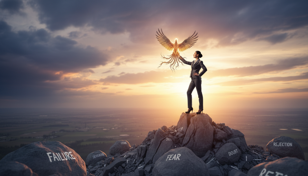 A confident businesswoman in professional attire, standing atop a mountain of obstacles, gazing out at a sunrise symbolizing new beginnings. In the foreground, visualize scattered boulders labeled with various business challenges like "failure," "fear," and "setbacks." In the middle, she holds a symbol of resilience, such as a phoenix or a strong tree, representing growth despite adversity. The background features a vast sky transitioning from dark storm clouds to warm golden hues, capturing the essence of transformation and hope. Soft, ambient lighting illuminates her determined expression, with a shallow depth of field focusing on her. The mood is empowering and optimistic, emphasizing strength and perseverance in entrepreneurship.