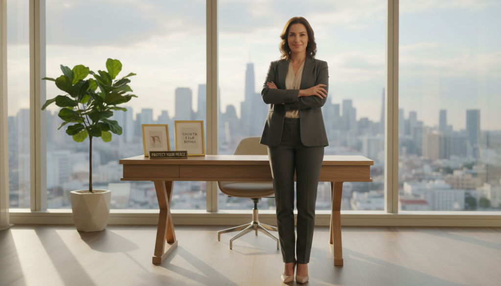 A confident individual standing tall in a modern office environment, embodying personal security. In the foreground, a professional woman in smart business attire exudes poise, arms crossed with a slight smile, suggesting self-assurance. The middle ground features an elegant desk with motivational quotes subtly placed, alongside a potted plant symbolizing growth. In the background, large windows reveal a city skyline, bathed in warm, soft afternoon light that creates a comforting atmosphere. The image composition has a slight depth of field, focusing on the woman while gently blurring the background to enhance the feeling of calm and strength. The overall mood conveys empowerment, stability, and the importance of personal security strategies.