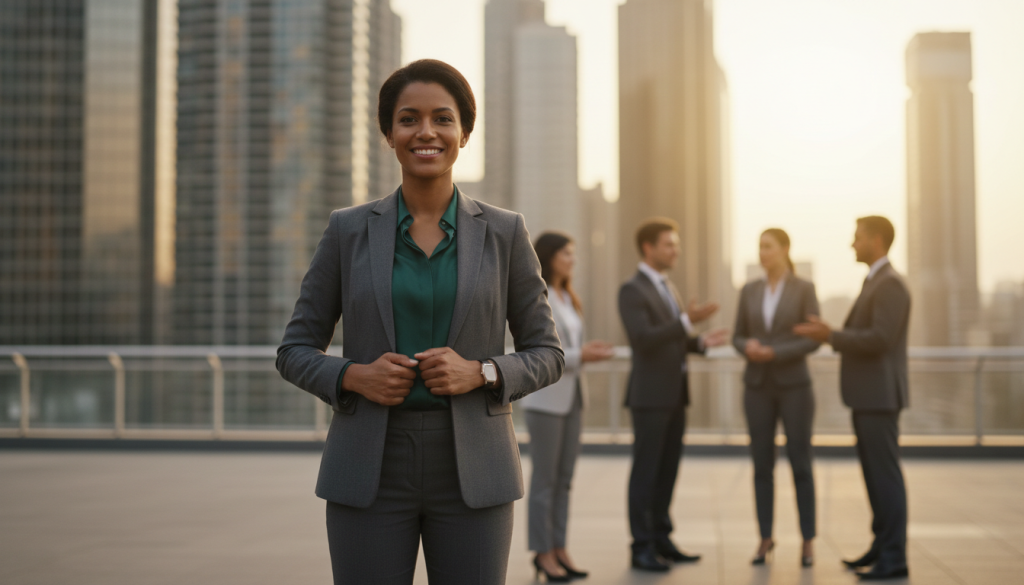 A confident professional woman stands in the foreground, exuding self-esteem and poise. She is dressed in smart business attire, looking out towards a vibrant city skyline that symbolizes success and ambition in the middle ground. Other individuals in the background are engaged in discussions, subtly hinting at the themes of envy and personal growth. The scene is infused with warm, golden light, suggesting a hopeful atmosphere at sunset, casting soft shadows and creating depth. A shallow depth of field highlights the woman while slightly blurring the surrounding figures, emphasizing her sense of self and the impact of her self-esteem on her perception of others' success. The image should evoke a feeling of inspiration and empowerment. A confident professional woman stands in the foreground, exuding self-esteem and poise. She is dressed in smart business attire, looking out towards a vibrant city skyline that symbolizes success and ambition in the middle ground. Other individuals in the background are engaged in discussions, subtly hinting at the themes of envy and personal growth. The scene is infused with warm, golden light, suggesting a hopeful atmosphere at sunset, casting soft shadows and creating depth. A shallow depth of field highlights the woman while slightly blurring the surrounding figures, emphasizing her sense of self and the impact of her self-esteem on her perception of others' success. The image should evoke a feeling of inspiration and empowerment.