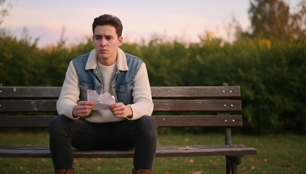 A contemplative Virgo figure seated on a park bench, reflecting on a recent heartbreak. The foreground features the character, a young adult dressed in modest casual clothing, with a furrowed brow and a distant gaze, holding a small, torn love letter. The middle ground shows a soft, blurred greenery, symbolizing the comforting aspects of nature, with sunlight filtering through leaves, creating dappled shadows. In the background, a pastel sunset paints the sky, enhancing the mood of melancholy and introspection. The overall atmosphere is one of thoughtful solitude, evoking a sense of emotional depth and healing in the aftermath of a breakup, with gentle light illuminating the figure’s face, capturing their vulnerability and resilience.