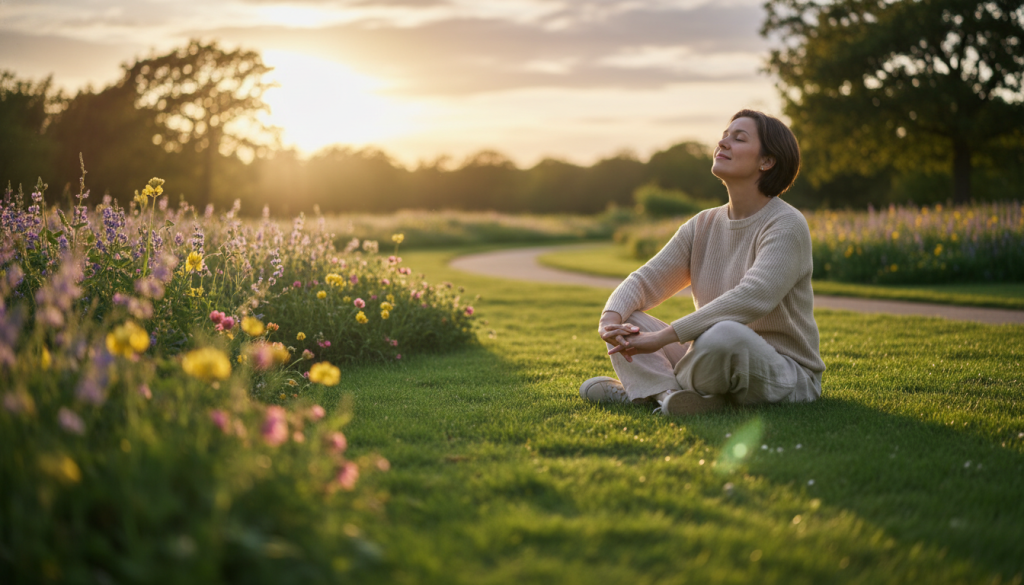 A contemplative adult figure sits peacefully on a soft patch of grass in a serene park, symbolizing the theme of "being enough." The foreground features a thoughtful individual in modest casual clothing, gazing upwards towards the sky with a gentle expression. In the middle ground, blooming flowers and lush greenery represent growth and healing, while a winding path signifies life's journey. The background showcases a tranquil sunset, casting warm golden light and soft shadows, enhancing the mood of introspection and acceptance. Use a shallow depth of field to focus on the figure, with a soft bokeh effect on the environment. The overall atmosphere should evoke a sense of calm, fulfillment, and self-discovery, capturing the essence of self-acceptance in adulthood.