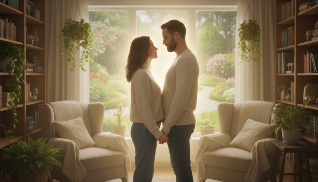 A couple stands together under a soft golden light, symbolizing honesty as a cornerstone of their relationship. In the foreground, the couple is depicted in modest, casual clothing, gazing into each other's eyes with expressions of trust and affection. Their body language is open and inviting, conveying a deep emotional connection. In the middle ground, a cozy environment is featured—a warm living room filled with books and plants, creating an intimate atmosphere. The background includes a softly blurred window revealing a peaceful garden, enhancing the sense of tranquility and sincerity. The overall mood is warm and heartfelt, illustrating the idea that honesty nurtures love and understanding. The lighting is gentle, with a slightly blurred focus that emphasizes the couple's bond.