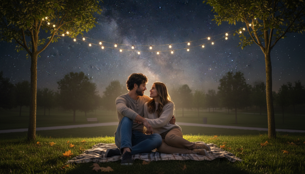A cozy and intimate scene depicting a couple deeply connected under a starlit sky. The foreground features a pair of diverse individuals sitting on a blanket, both dressed in modest casual clothing, sharing a tender moment—perhaps gazing into each other's eyes or exchanging a soft smile. In the middle ground, soft lighting from fairy lights strung above them creates a warm glow, enhancing the sense of affection and serenity. The background shows a tranquil park setting with lush trees and a clear night sky full of stars, contributing to the romantic atmosphere. The overall mood is serene and affectionate, capturing the essence of emotional connection and love in a couple's bond.