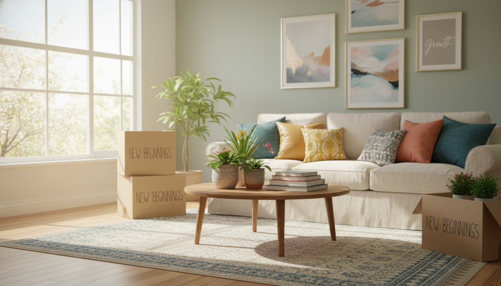A cozy and inviting living room symbolizing a fresh start, featuring soft natural light streaming through a large window, casting warm shadows across a beautifully arranged space. In the foreground, a neatly arranged coffee table with vibrant potted plants and a small stack of books. The middle ground showcases a comfortable sofa adorned with colorful cushions, surrounded by boxes labeled with “New Beginnings.” In the background, a bright wall adorned with inspirational artwork and a subtle hint of greenery from outside. The atmosphere is peaceful and harmonious, evoking feelings of renewal and abundance, ideal for a ritualistic setting. Shot with a wide-angle lens to capture the essence of warmth and tranquility in the space.