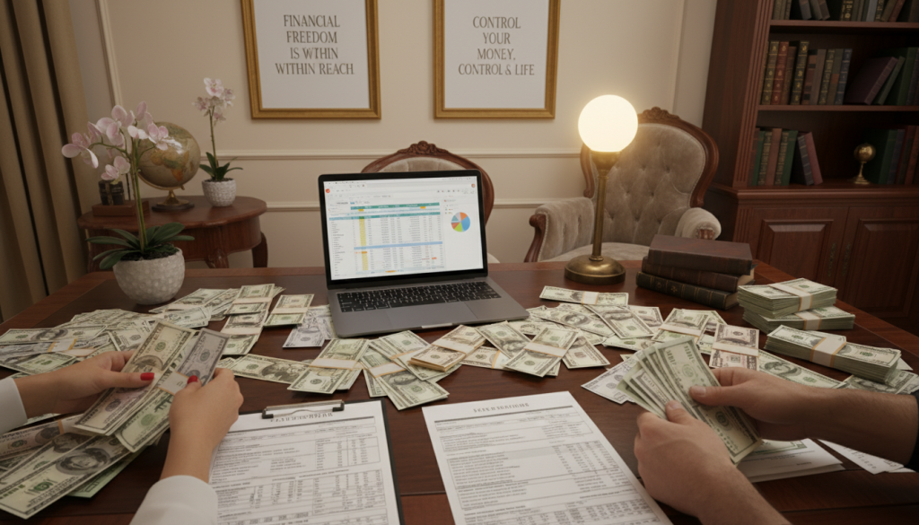 A cozy, elegant home office scene featuring a polished wooden desk piled with various denominations of cash (representing "dinero") and financial documents, symbolizing power dynamics in household budgeting. In the foreground, a pair of hands, one manicured and the other strong, sorting through the money with an air of determination. In the middle, a laptop displays a financial planning spreadsheet. The background reveals a softly lit room with warm tones, framed motivational quotes on the wall, and tasteful decor hinting at stability and control. The lighting is soft but focused on the desk area, creating an atmosphere of seriousness and professionalism, shot from a slightly elevated angle to capture the scene’s dynamics and textures.