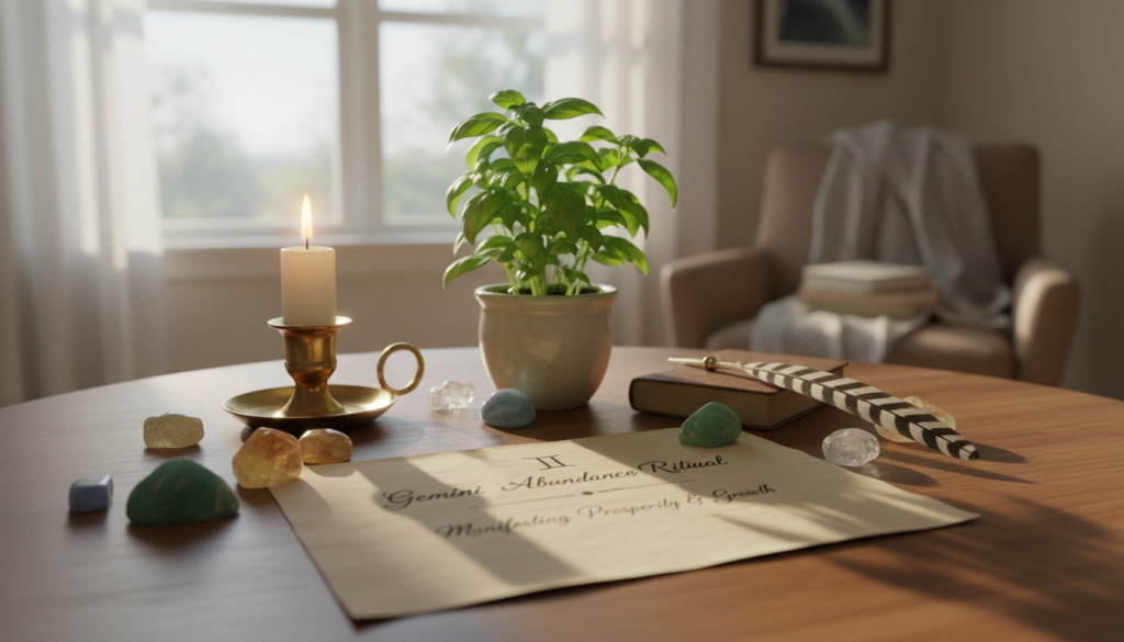 A cozy indoor setting featuring a wooden table adorned with a beautifully arranged ritual for abundance. In the foreground, there is a clean sheet of parchment paper with elegant handwriting, surrounded by colorful crystals and a lit candle casting a warm glow. In the middle, a small potted plant symbolizes growth and prosperity, while a feather quill rests nearby. The background is softly blurred to reveal a window with gentle natural light streaming in, enhancing the meditative atmosphere. The overall mood is tranquil and inviting, encouraging a sense of focus and intention, ideal for a Gemini-themed abundance ritual. The lighting is warm and soft, creating shadows that evoke a feeling of comfort and serenity.