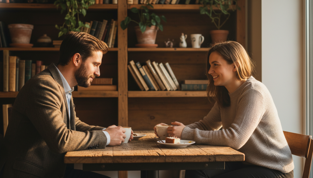 A cozy, intimate setting depicting a couple enjoying quality time together, seated at a rustic wooden table in a warmly lit café. The foreground features the couple, a man and woman dressed in smart-casual attire, engaging in deep conversation, their expressions conveying warmth and connection. In the middle ground, a soft-focus background reveals shelves lined with books and plants, enhancing the atmosphere of a nurturing environment. Sunlight streams through a window, casting gentle shadows and a golden hue across the scene, creating a peaceful and inviting mood. The overall composition evokes a sense of togetherness and the importance of shared moments, capturing the essence of nurturing relationships. A cozy, intimate setting depicting a couple enjoying quality time together, seated at a rustic wooden table in a warmly lit café. The foreground features the couple, a man and woman dressed in smart-casual attire, engaging in deep conversation, their expressions conveying warmth and connection. In the middle ground, a soft-focus background reveals shelves lined with books and plants, enhancing the atmosphere of a nurturing environment. Sunlight streams through a window, casting gentle shadows and a golden hue across the scene, creating a peaceful and inviting mood. The overall composition evokes a sense of togetherness and the importance of shared moments, capturing the essence of nurturing relationships.