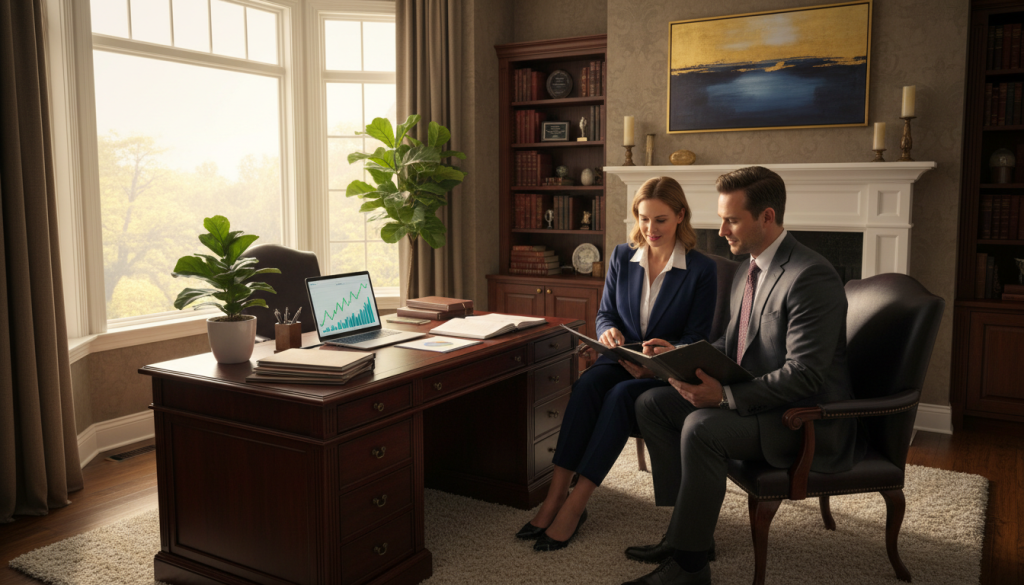 A cozy, inviting office space that reflects financial stability. In the foreground, a polished wooden desk is cluttered with neatly stacked financial documents, a sleek laptop displaying rising stock graphs, and a small potted plant for a touch of life. The middle ground features a well-dressed couple, both in professional business attire, discussing finances. Their expressions are focused and optimistic. The background shows a large window with sunlight streaming in, casting warm, soft shadows across the room, enhancing the atmosphere of security and prosperity. The overall mood is one of calm assurance and confidence in the future, emphasizing the positive impact of material stability on their relationship.